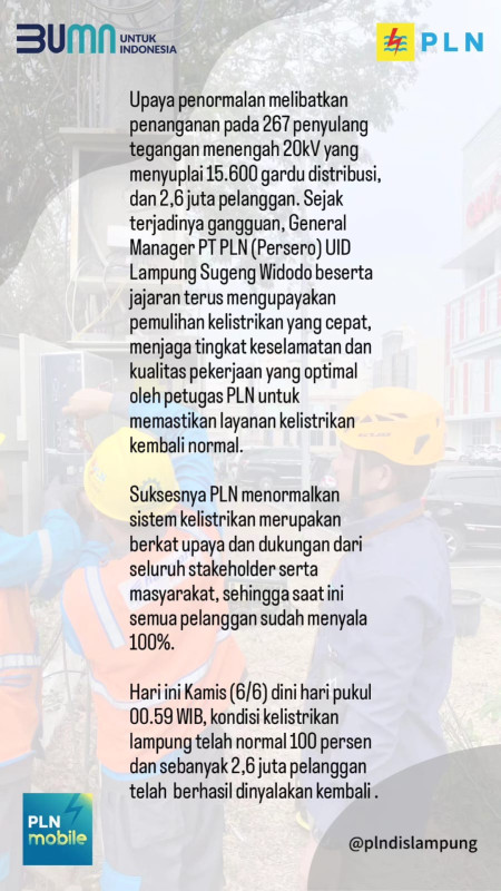 Gerak Cepat PLN Berhasil Pulihkan 100% Listrik di Lampung pasca Gangguan Transmisi